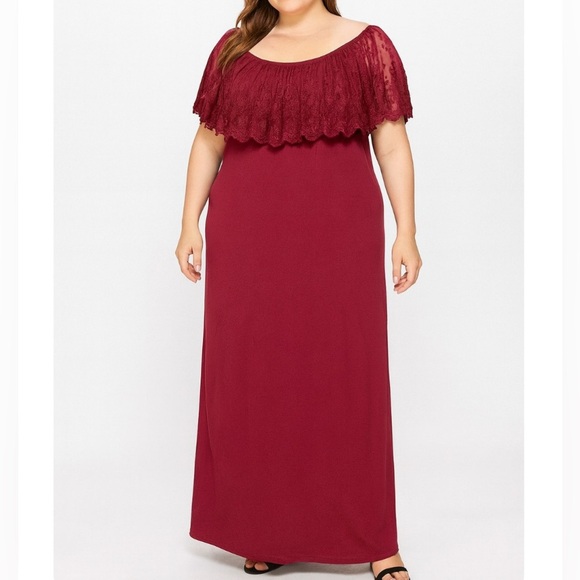 Just Found maxi dress in burgundy lace over shoulder flowy plus size 1X New - Picture 1 of 13